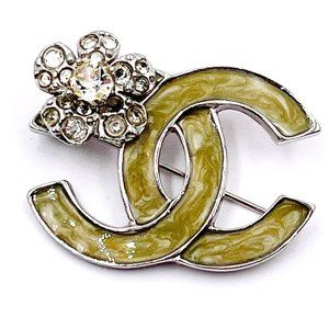 Chanel Silver CC Mint Enamel Crystal Flower Brooch